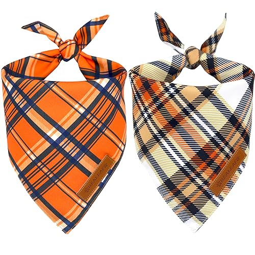 Realeaf Fall Dog Bandanas 2 Pack, Reversible Orange Plaid Holiday Pet Scarf
