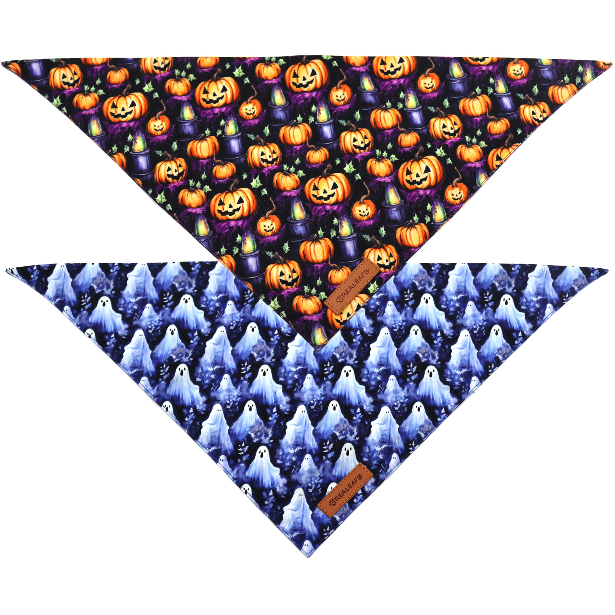 Realeaf Fall Dog Bandanas 2 Pack, Reversible Orange Plaid Holiday Pet Scarf
