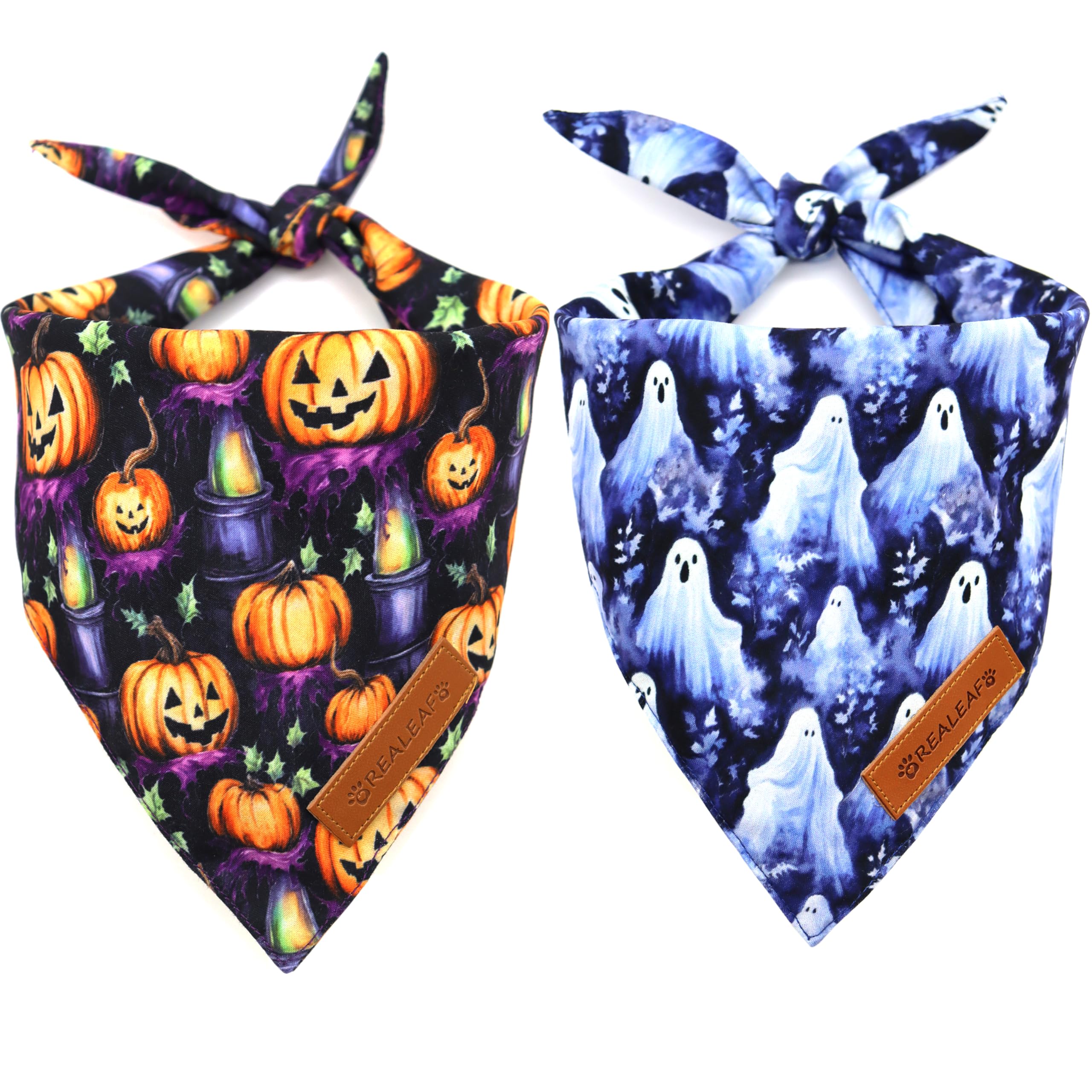 Realeaf Fall Dog Bandanas 2 Pack, Reversible Orange Plaid Holiday Pet Scarf