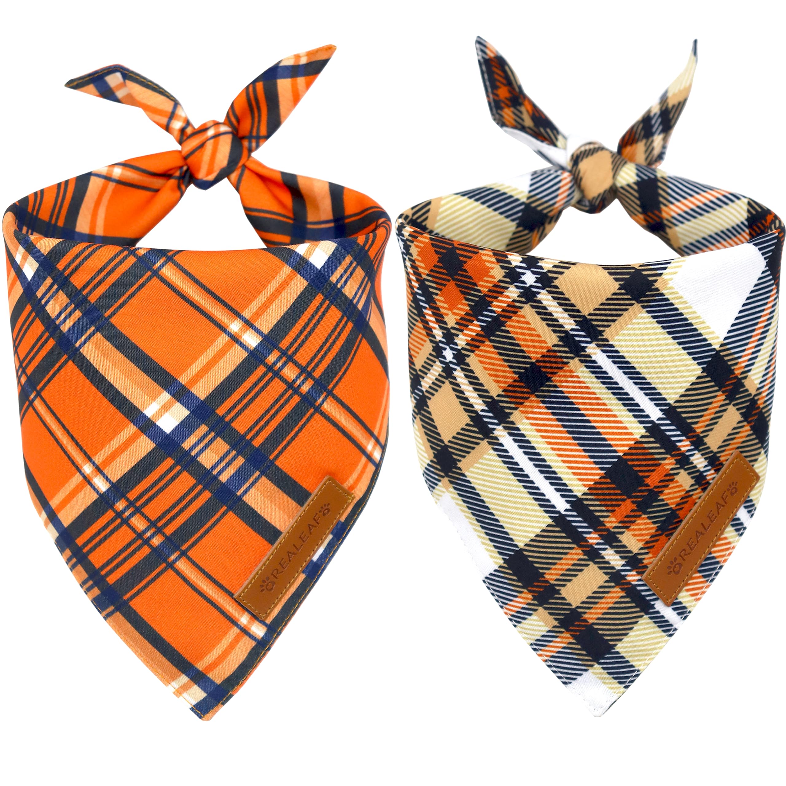 Realeaf Fall Dog Bandanas 2 Pack, Reversible Orange Plaid Holiday Pet Scarf