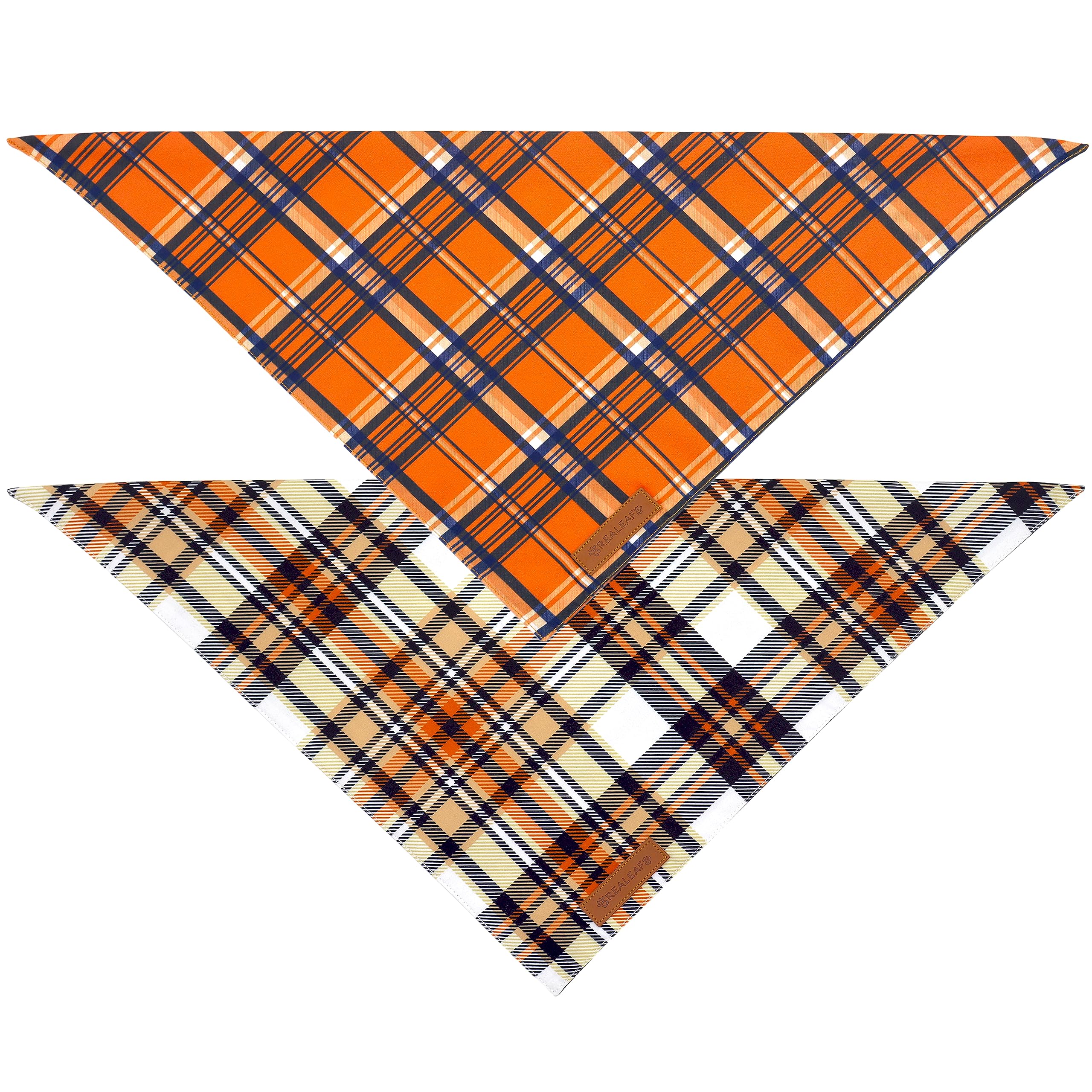 Realeaf Fall Dog Bandanas 2 Pack, Reversible Orange Plaid Holiday Pet Scarf