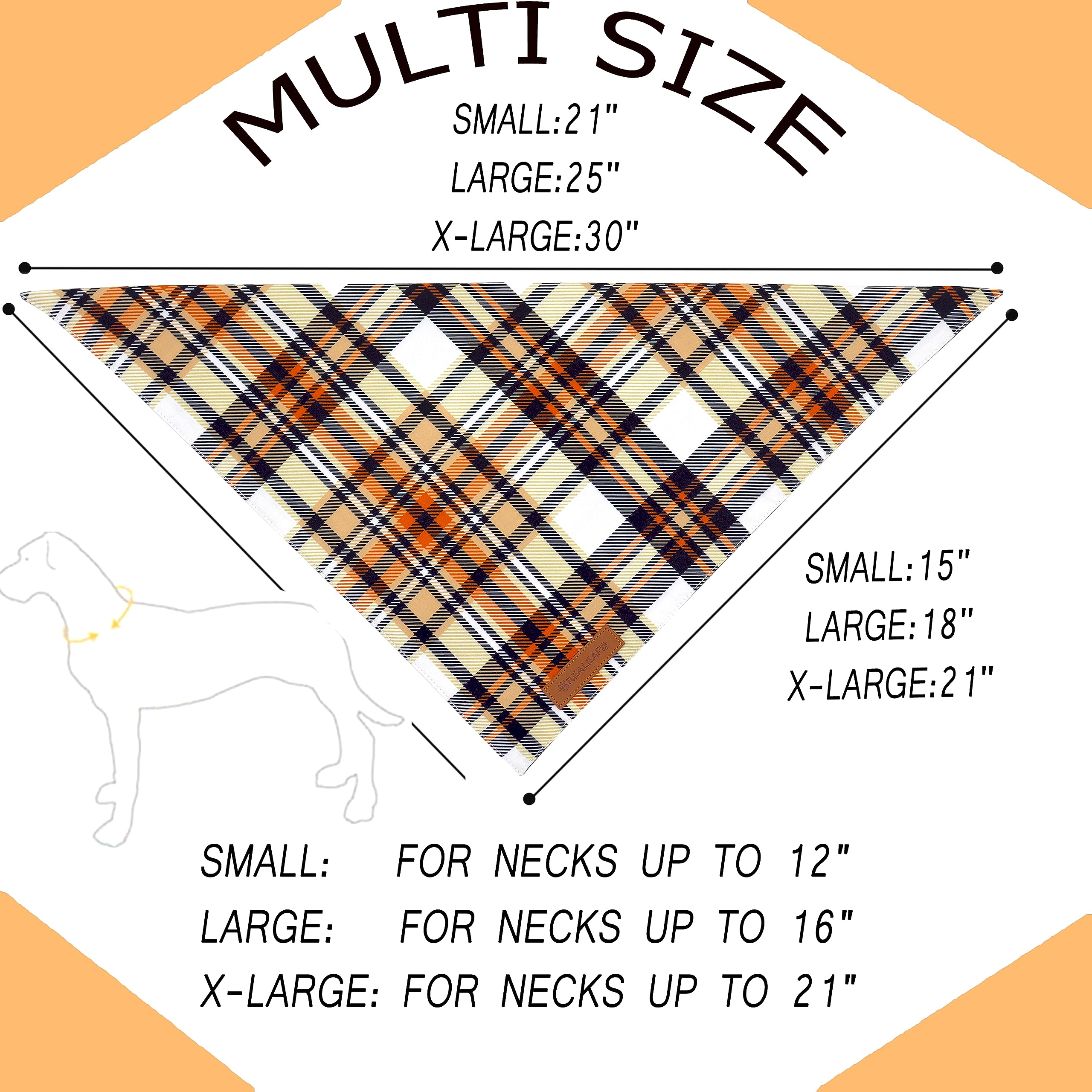 Realeaf Fall Dog Bandanas 2 Pack, Reversible Orange Plaid Holiday Pet Scarf