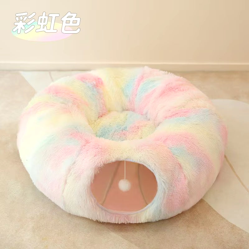 Plush Round Cat Nest Tunnel Bed/ Warm Collapsible (Color Options)