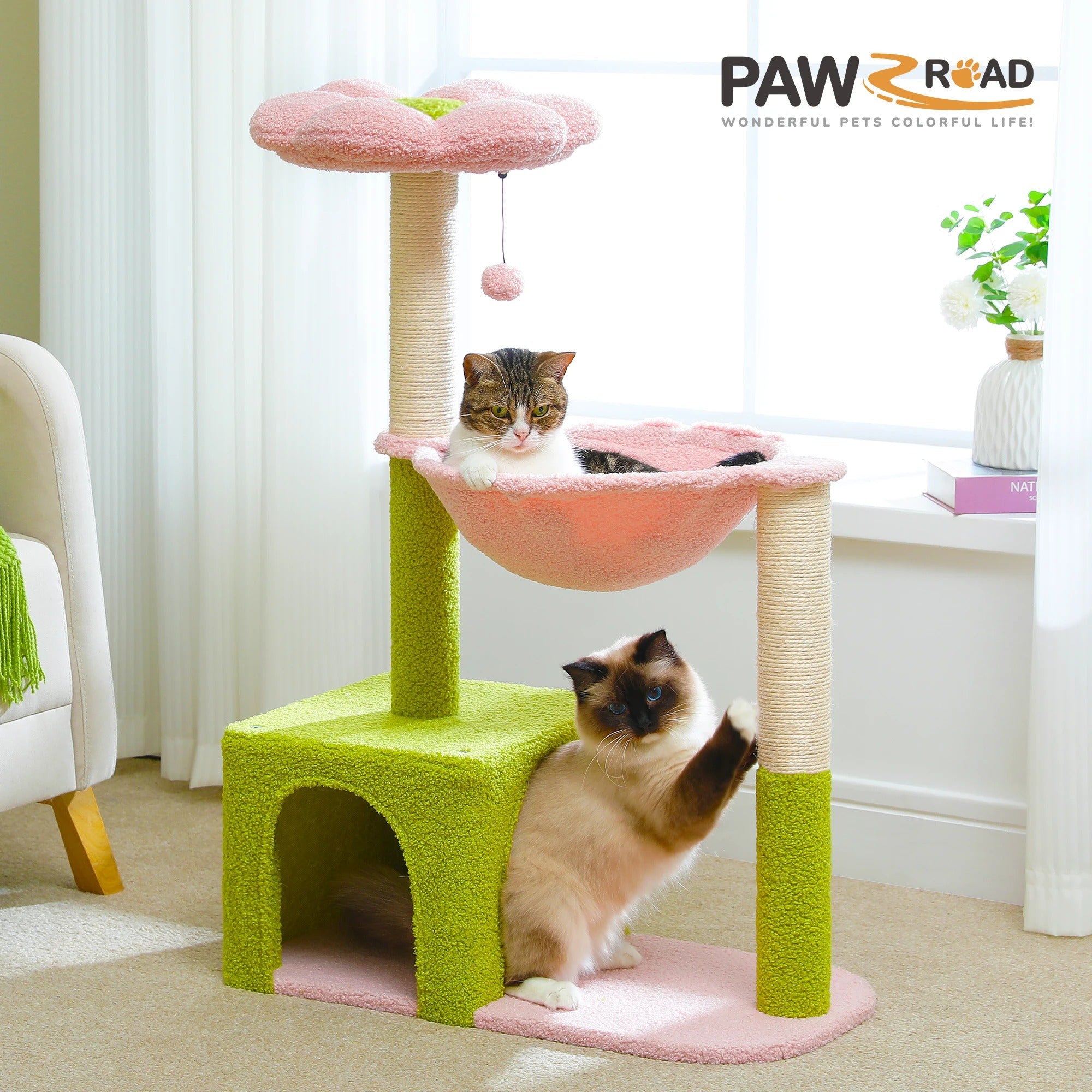 Flower Cat Tree with Large Metal Frame Hammock Cute Cat Tower
