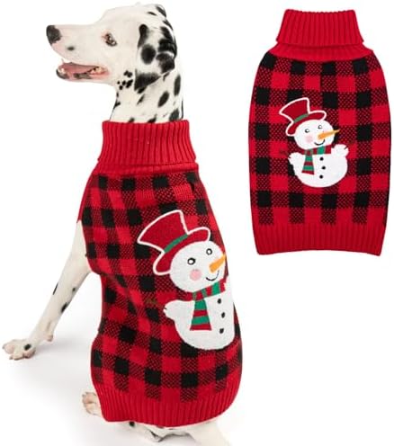 KYEESE Dog Christmas Sweater with Reindeer Pattern, Cozy Holiday Outfit, Red Buffalo Plaid Knitwear, Turtleneck Dog Sweater for Medium Dogs with Leash Hole, Soft Warm Pet Clothes, XX-Large