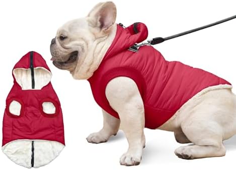 Fleece Dog Hoodie with Built-in Harness – Red XL