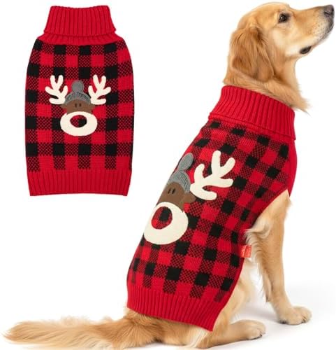 KYEESE Dog Christmas Sweater with Reindeer Pattern, Cozy Holiday Outfit, Red Buffalo Plaid Knitwear, Turtleneck Dog Sweater for Medium Dogs with Leash Hole, Soft Warm Pet Clothes, XX-Large