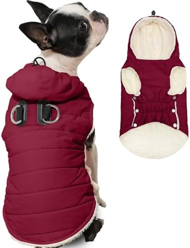Fleece Dog Hoodie with Built-in Harness – Red XL
