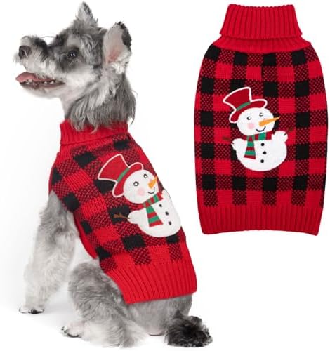 KYEESE Dog Christmas Sweater with Reindeer Pattern, Cozy Holiday Outfit, Red Buffalo Plaid Knitwear, Turtleneck Dog Sweater for Medium Dogs with Leash Hole, Soft Warm Pet Clothes, XX-Large