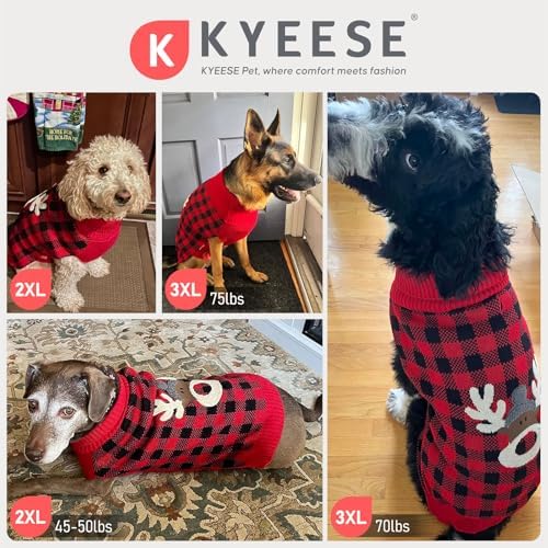KYEESE Dog Christmas Sweater with Reindeer Pattern, Cozy Holiday Outfit, Red Buffalo Plaid Knitwear, Turtleneck Dog Sweater for Medium Dogs with Leash Hole, Soft Warm Pet Clothes, XX-Large