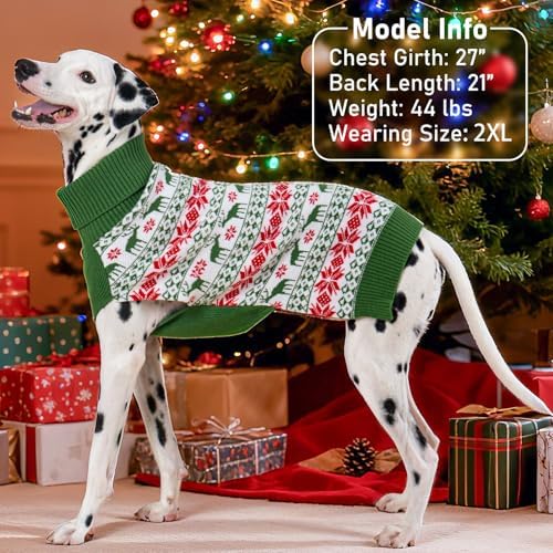 KYEESE Dog Christmas Sweater with Reindeer Pattern, Cozy Holiday Outfit, Red Buffalo Plaid Knitwear, Turtleneck Dog Sweater for Medium Dogs with Leash Hole, Soft Warm Pet Clothes, XX-Large