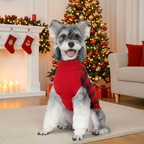 KYEESE Dog Christmas Sweater with Reindeer Pattern, Cozy Holiday Outfit, Red Buffalo Plaid Knitwear, Turtleneck Dog Sweater for Medium Dogs with Leash Hole, Soft Warm Pet Clothes, XX-Large