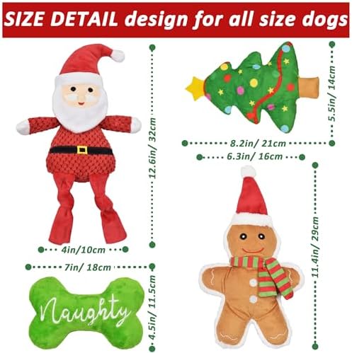 Christmas Dog Toys, 4pcs Stuffed Dog Squeaky Toys for Teething and Chewing, Tough Xmas Gift Toy Bundle Santa Toys for Small Large Dogs Puppy
