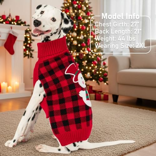 KYEESE Dog Christmas Sweater with Reindeer Pattern, Cozy Holiday Outfit, Red Buffalo Plaid Knitwear, Turtleneck Dog Sweater for Medium Dogs with Leash Hole, Soft Warm Pet Clothes, XX-Large