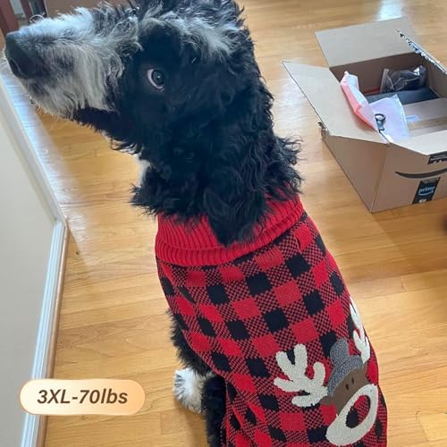 KYEESE Dog Christmas Sweater with Reindeer Pattern, Cozy Holiday Outfit, Red Buffalo Plaid Knitwear, Turtleneck Dog Sweater for Medium Dogs with Leash Hole, Soft Warm Pet Clothes, XX-Large