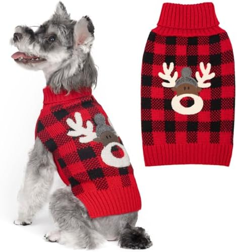 KYEESE Dog Christmas Sweater with Reindeer Pattern, Cozy Holiday Outfit, Red Buffalo Plaid Knitwear, Turtleneck Dog Sweater for Medium Dogs with Leash Hole, Soft Warm Pet Clothes, XX-Large