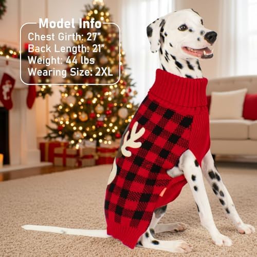 KYEESE Dog Christmas Sweater with Reindeer Pattern, Cozy Holiday Outfit, Red Buffalo Plaid Knitwear, Turtleneck Dog Sweater for Medium Dogs with Leash Hole, Soft Warm Pet Clothes, XX-Large