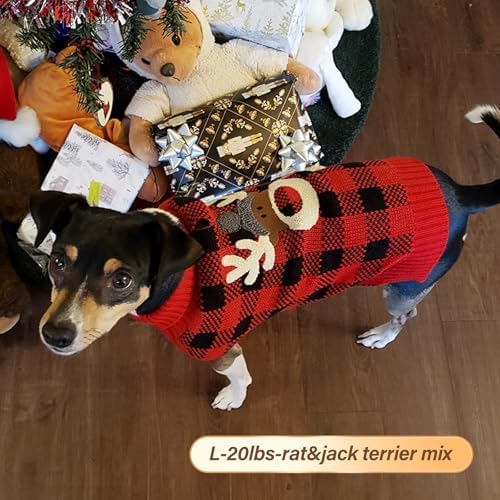KYEESE Dog Christmas Sweater with Reindeer Pattern, Cozy Holiday Outfit, Red Buffalo Plaid Knitwear, Turtleneck Dog Sweater for Medium Dogs with Leash Hole, Soft Warm Pet Clothes, XX-Large