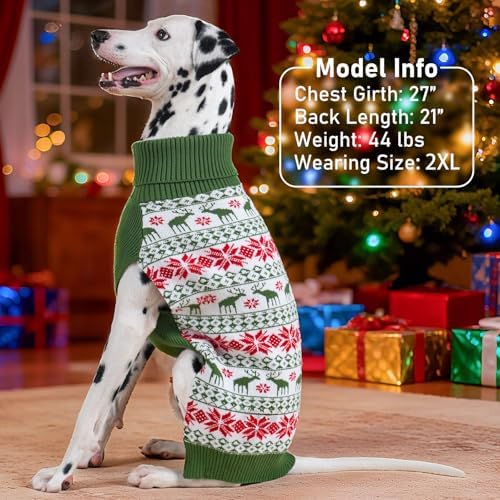 KYEESE Dog Christmas Sweater with Reindeer Pattern, Cozy Holiday Outfit, Red Buffalo Plaid Knitwear, Turtleneck Dog Sweater for Medium Dogs with Leash Hole, Soft Warm Pet Clothes, XX-Large