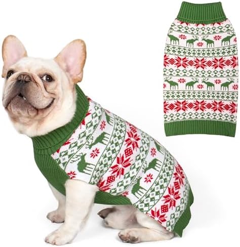 KYEESE Dog Christmas Sweater with Reindeer Pattern, Cozy Holiday Outfit, Red Buffalo Plaid Knitwear, Turtleneck Dog Sweater for Medium Dogs with Leash Hole, Soft Warm Pet Clothes, XX-Large