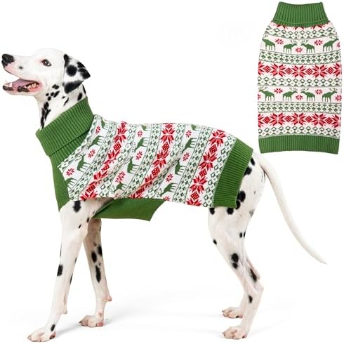 KYEESE Dog Christmas Sweater with Reindeer Pattern, Cozy Holiday Outfit, Red Buffalo Plaid Knitwear, Turtleneck Dog Sweater for Medium Dogs with Leash Hole, Soft Warm Pet Clothes, XX-Large