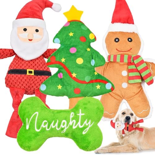 Christmas Dog Toys, 4pcs Stuffed Dog Squeaky Toys for Teething and Chewing, Tough Xmas Gift Toy Bundle Santa Toys for Small Large Dogs Puppy