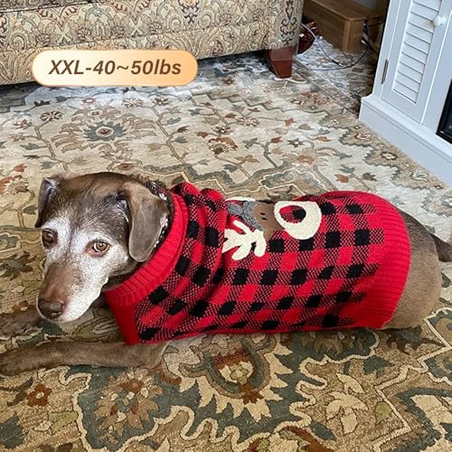 KYEESE Dog Christmas Sweater with Reindeer Pattern, Cozy Holiday Outfit, Red Buffalo Plaid Knitwear, Turtleneck Dog Sweater for Medium Dogs with Leash Hole, Soft Warm Pet Clothes, XX-Large